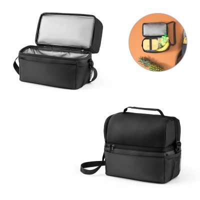 Black insulated lunch bag with open interior view.