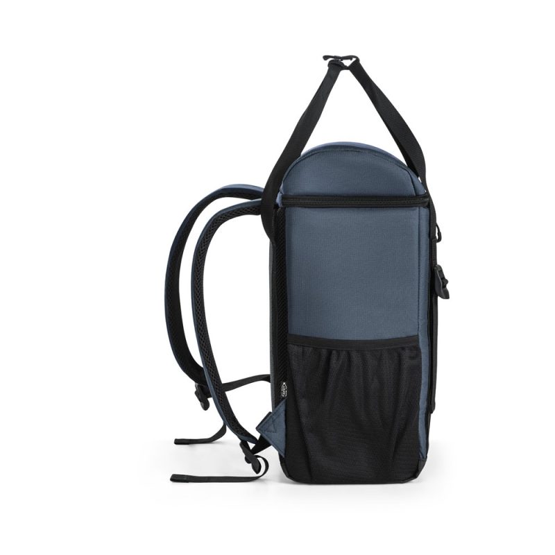 Blue cooler backpack with side mesh pocket.
