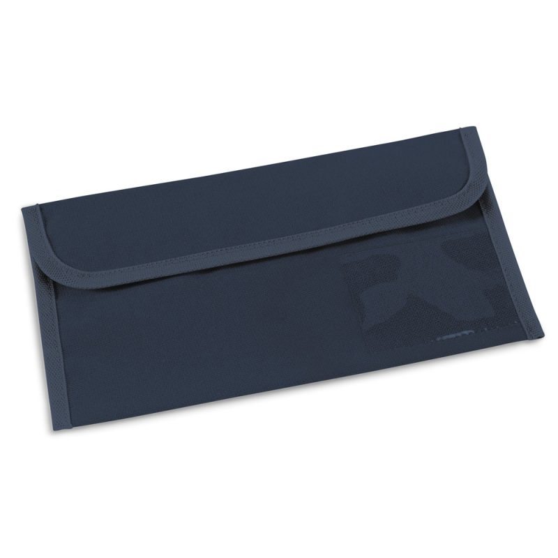 Blue fabric document wallet, closed and empty.