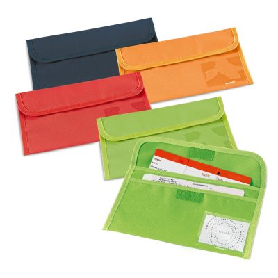 Colourful travel wallets holding tickets.
