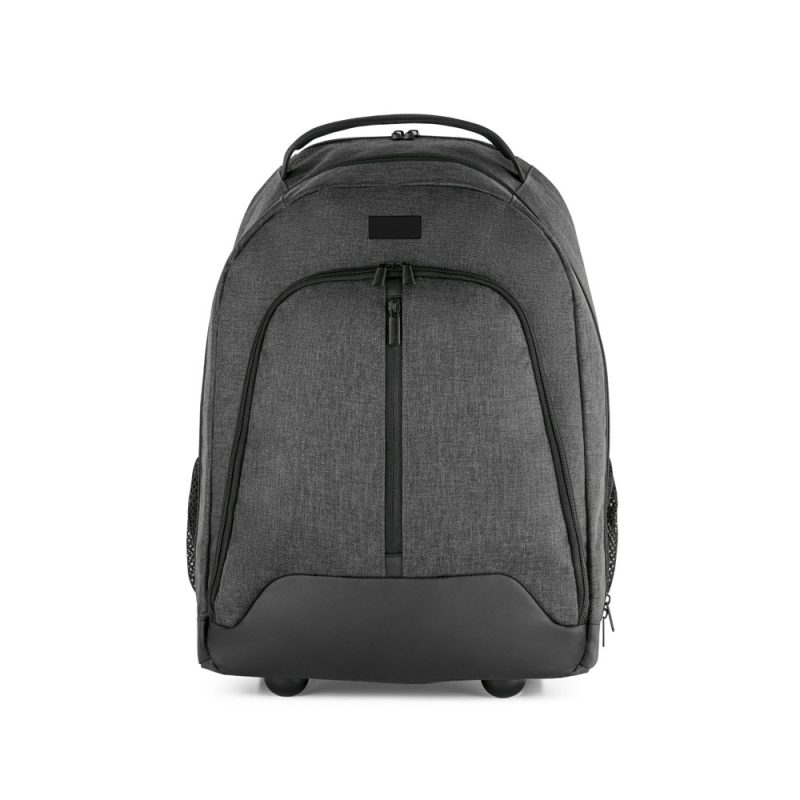 Grey backpack with multiple compartments and wheels.