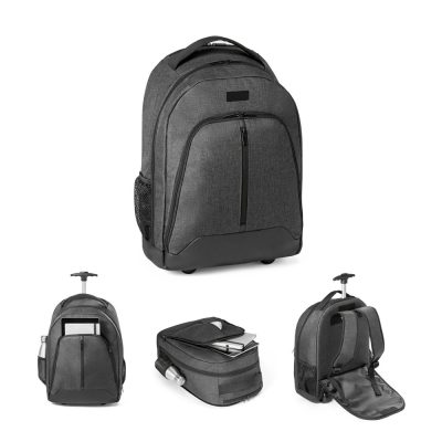 Grey wheeled backpack with multiple compartments, opened and closed.