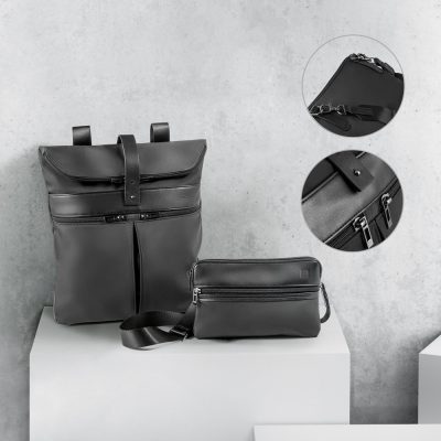 Black leather backpack and bag with zippers.