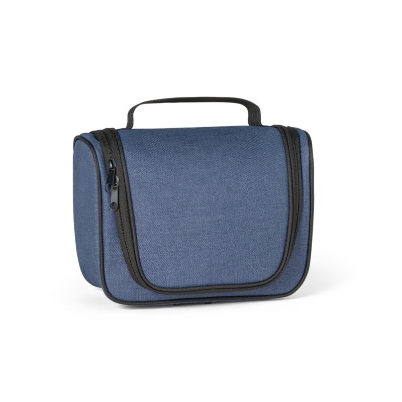 Blue travel toiletry bag with zip and handle.