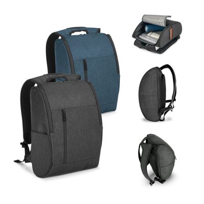Stylish backpacks in blue and grey, various angles.