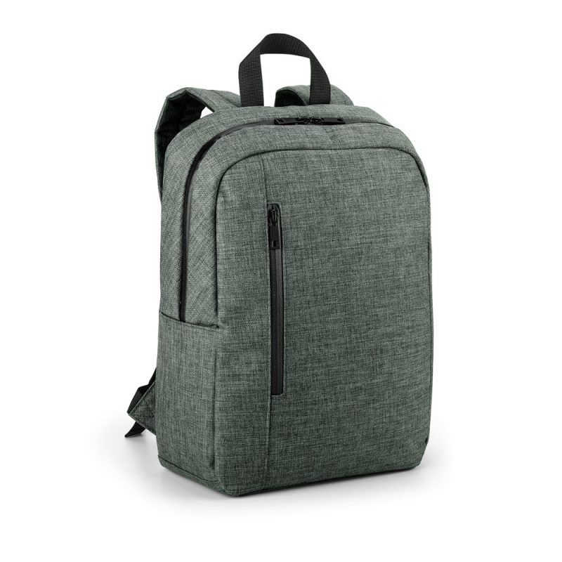 Green backpack with multiple compartments and zippers