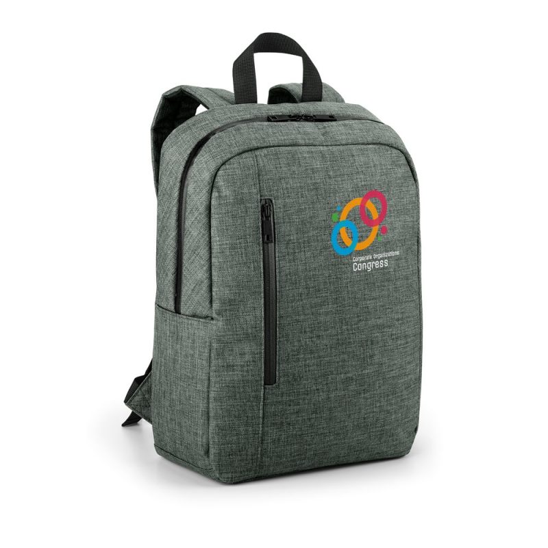 Grey backpack with colourful congress logo.
