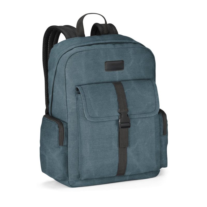 Blue backpack with front pocket and buckle strap.