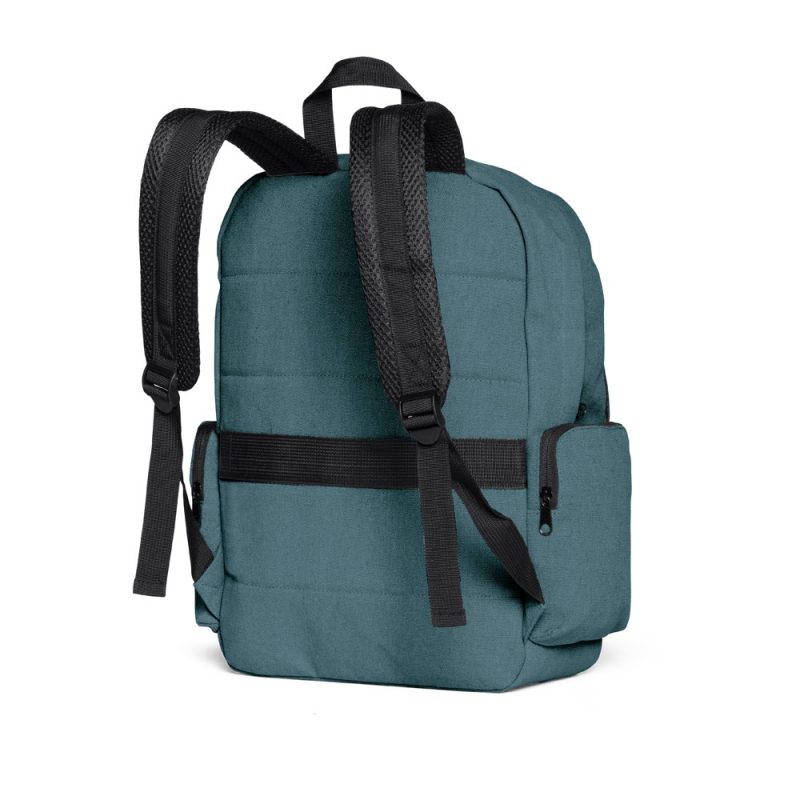 Teal backpack with black straps.