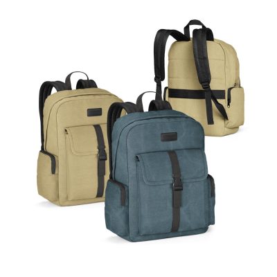 Three backpacks in beige and blue on display.