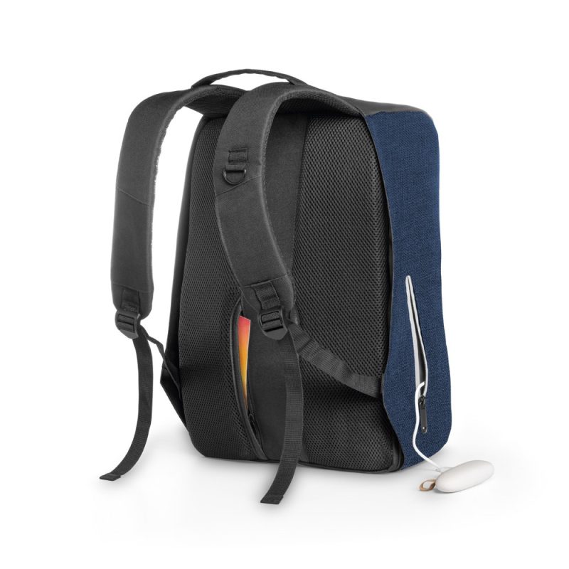 Blue and black backpack with USB charging port.