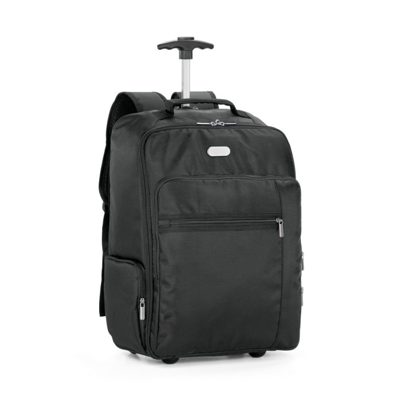 Black wheeled backpack with extendable handle.