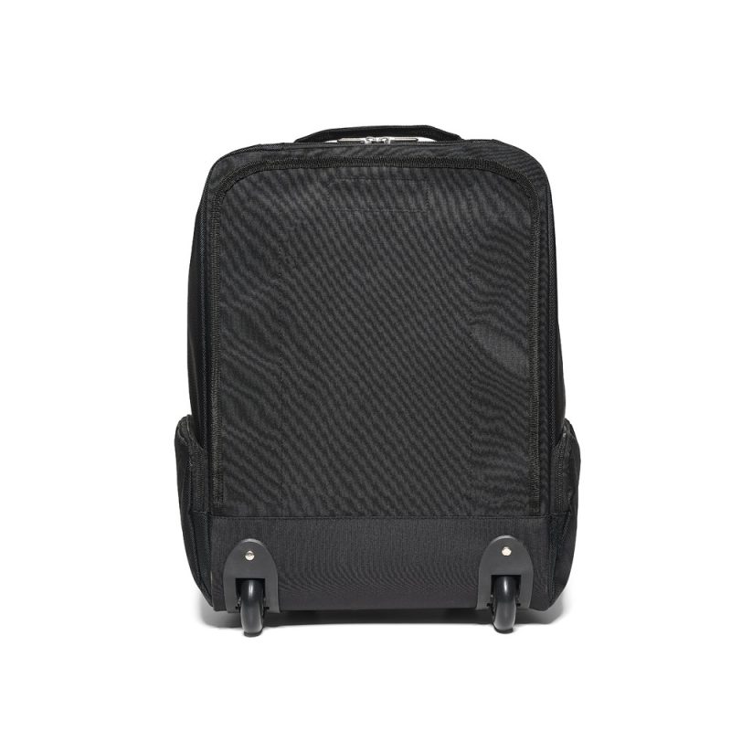 Back view of black wheeled suitcase