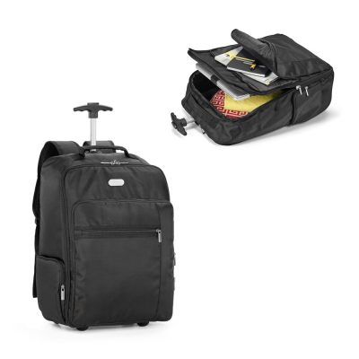 Black rolling backpack with compartments and trolley handle.