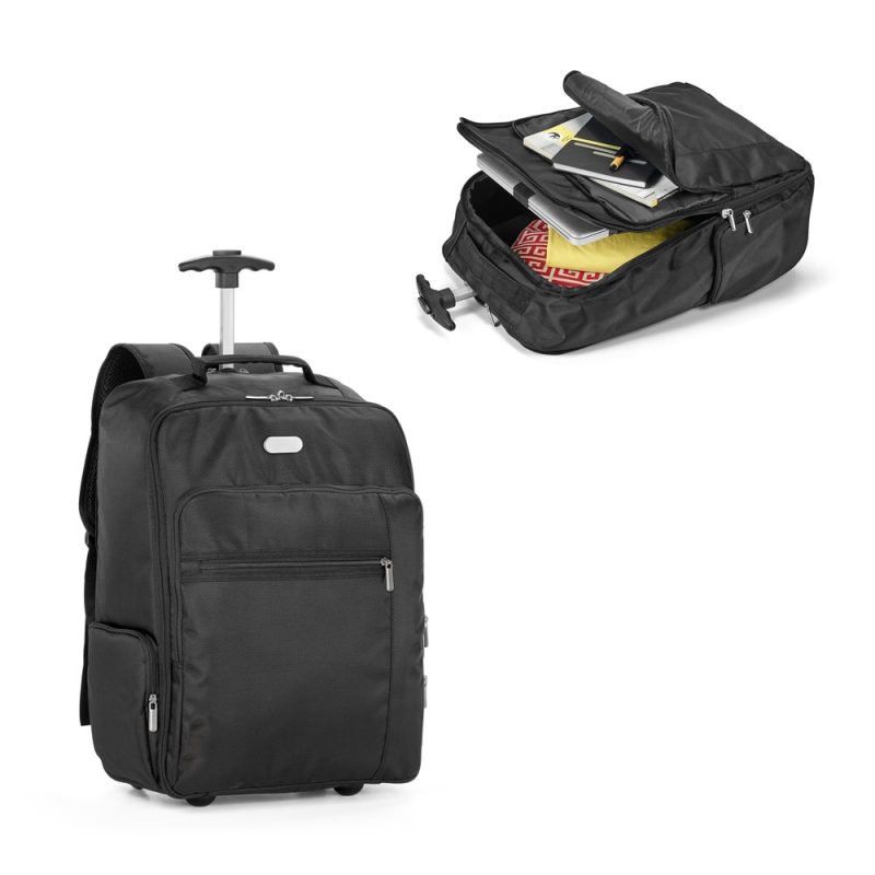 Black rolling backpack with compartments and trolley handle.