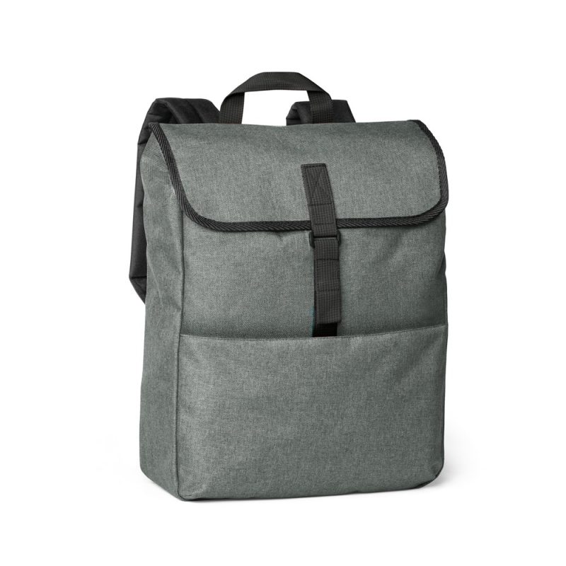 Grey backpack with front pocket and strap closure.