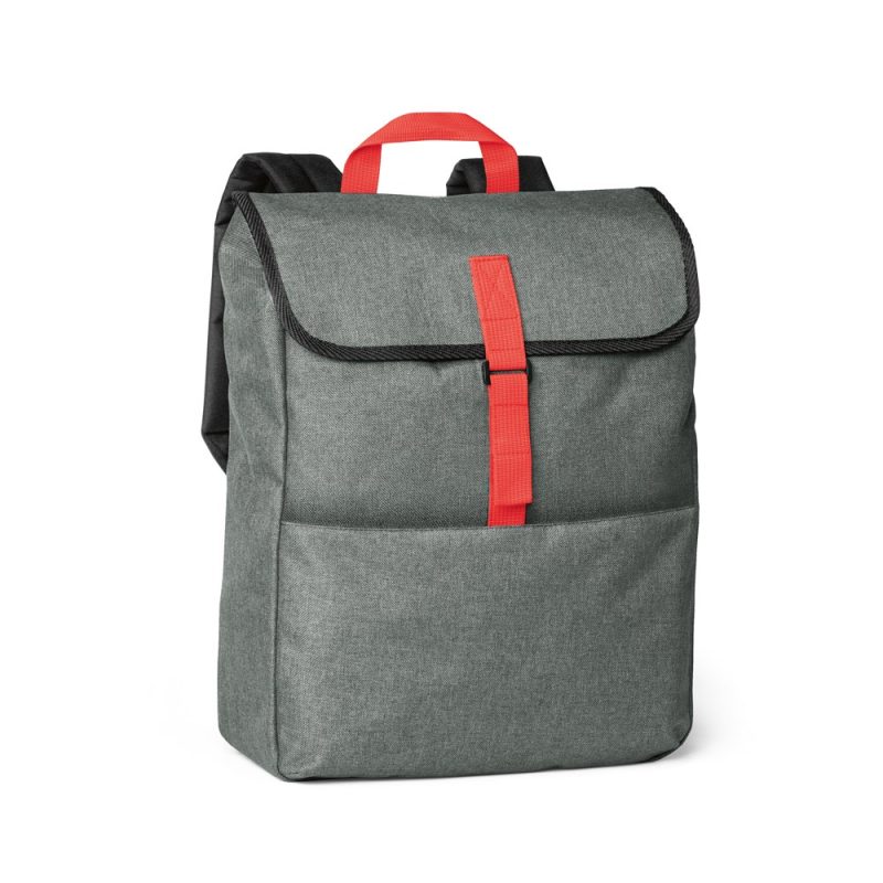 Grey backpack with red strap on white background.