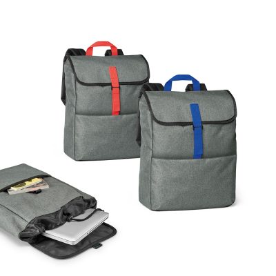 Grey backpacks with coloured straps and laptop compartment.