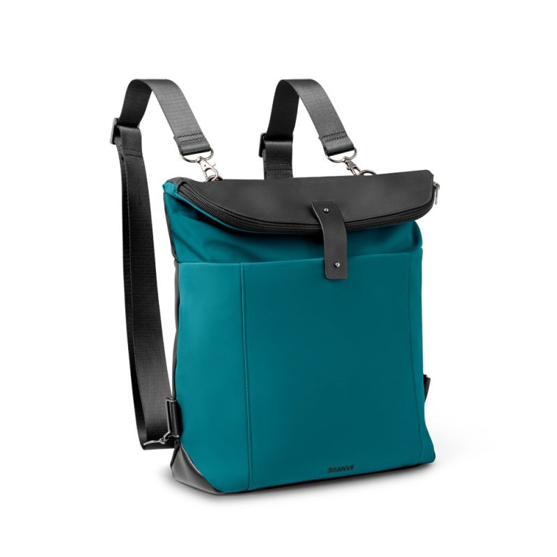 Teal and black backpack with adjustable straps.