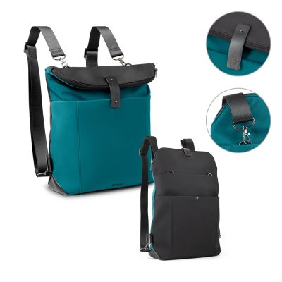 Teal and black convertible backpack with straps detail.