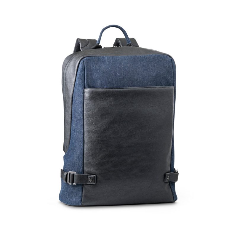 Stylish blue and black backpack with pockets.
