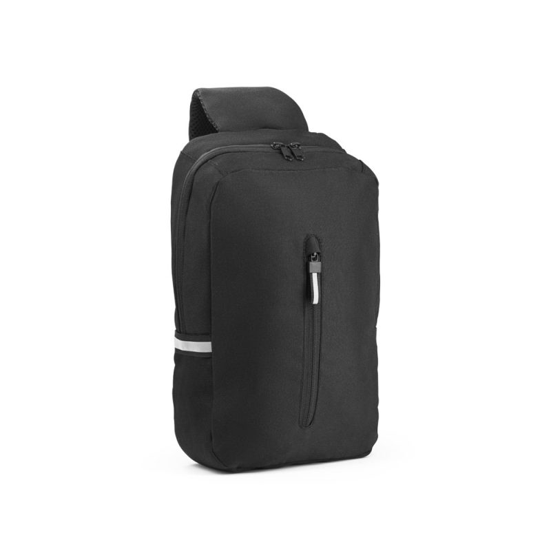 Black backpack with zip pockets and strap