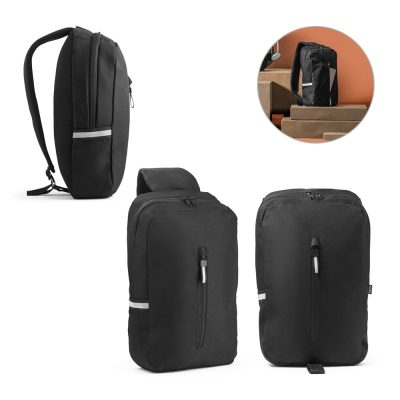 Black laptop backpack with multiple pockets and zippers.