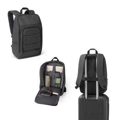 Black backpack, organised interior, attaches to suitcase handle.