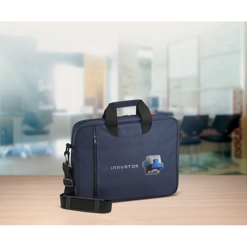 Blue laptop bag on office desk