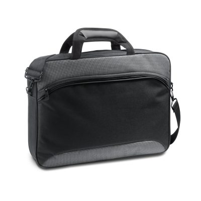 Black laptop bag with shoulder strap and handle.