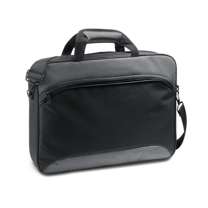 Black laptop bag with shoulder strap and handle.