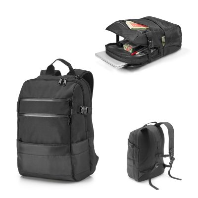 Black backpack with laptop and storage compartments.