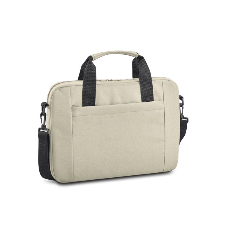 Beige laptop bag with black handles and strap.