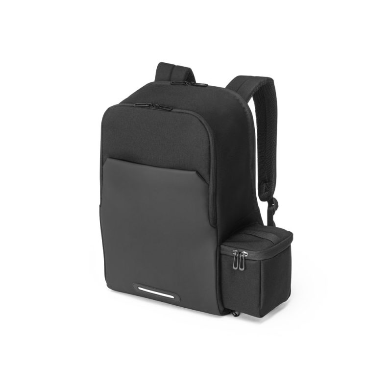 Black backpack with side pocket on white background.