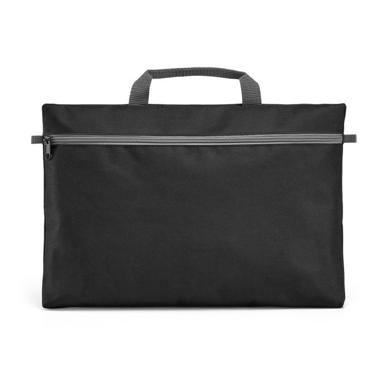Black fabric document bag with handle and zip.