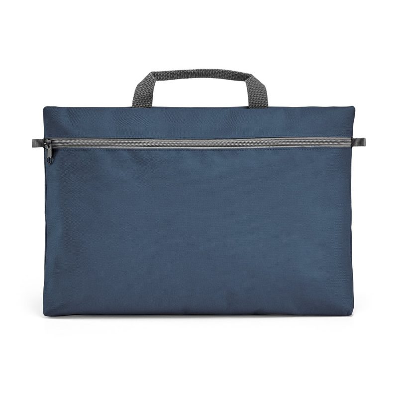 Blue fabric document bag with zipper and handle.