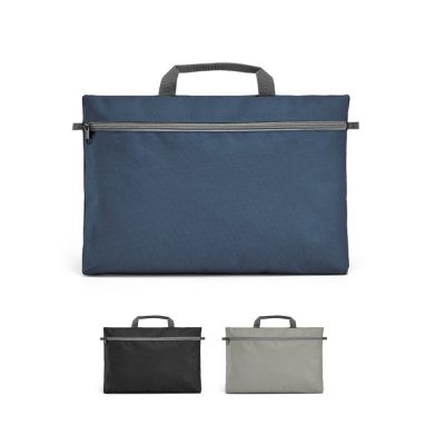 Three nylon briefcases in blue, black, and grey.