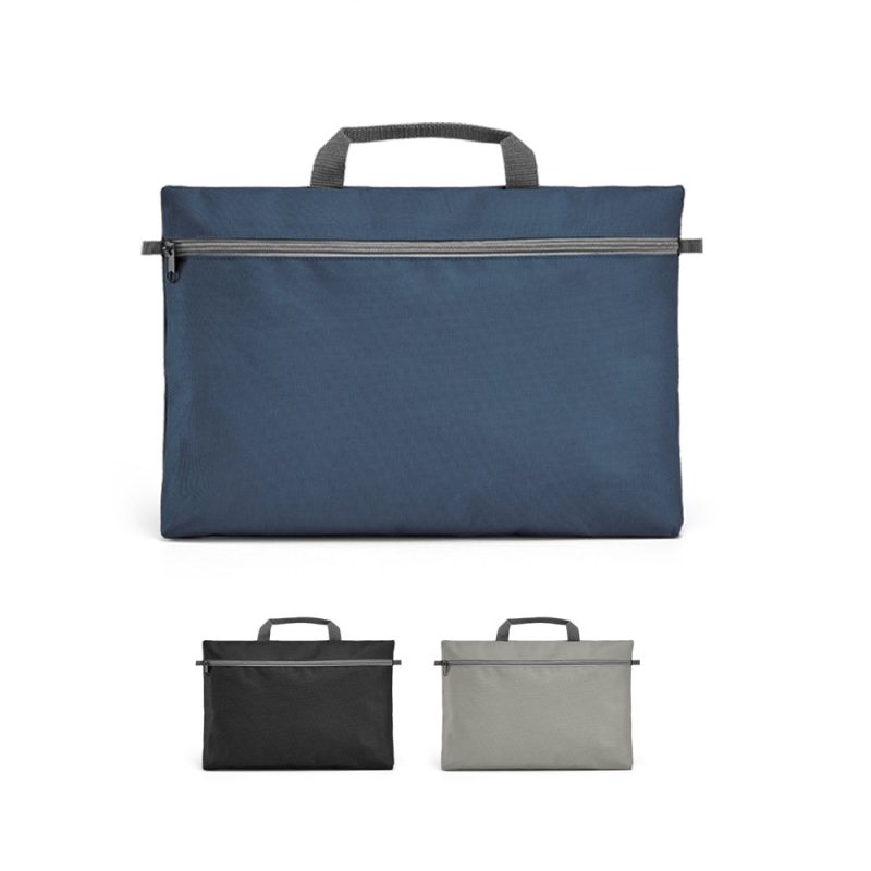 Three nylon briefcases in blue, black, and grey.