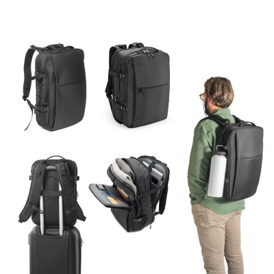Versatile black backpack with multiple compartments shown.