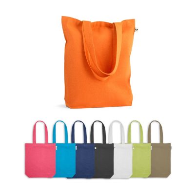 Colourful tote bags in various shades on display.