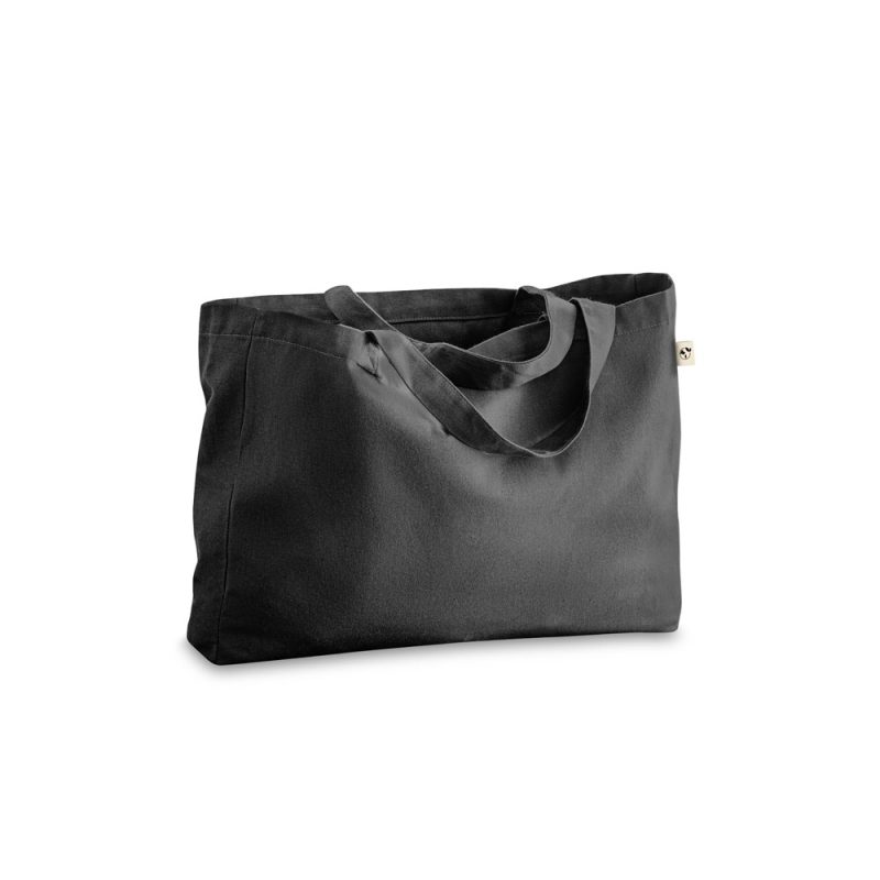 Black canvas tote bag on white background.