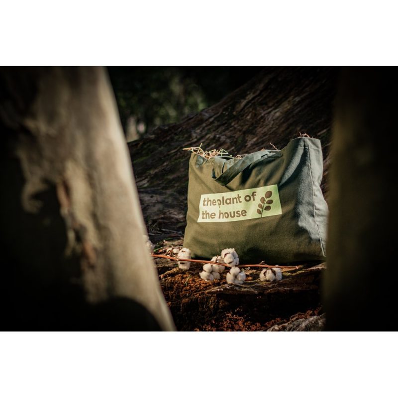 Green bag with logo in forest setting.