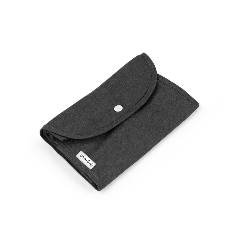 Folded dark grey reusable fabric bag on white background.