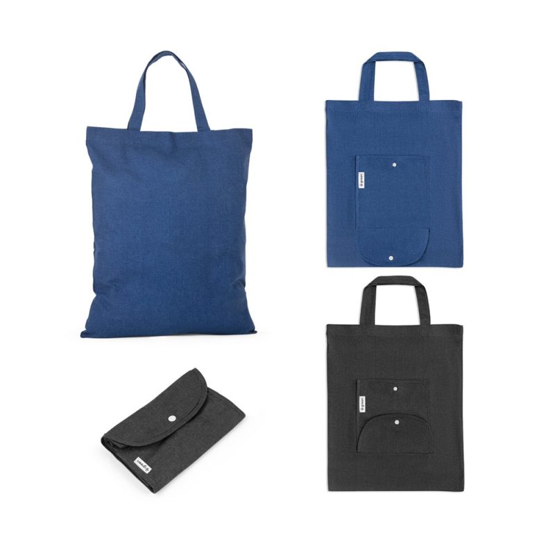 Reusable foldable bags in blue and black.