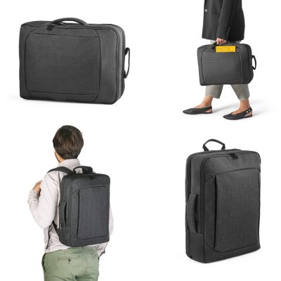 Convertible grey bag used as backpack and briefcase.