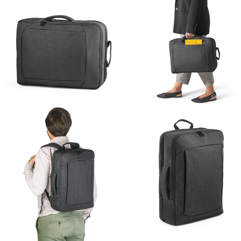 Convertible grey bag used as backpack and briefcase.