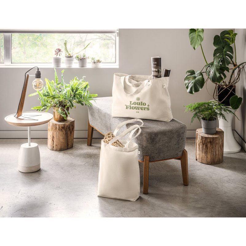 Eco-friendly bags in modern indoor garden setting.