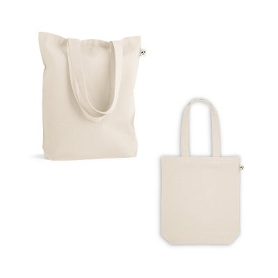 Eco-friendly beige tote bags, front and side view.