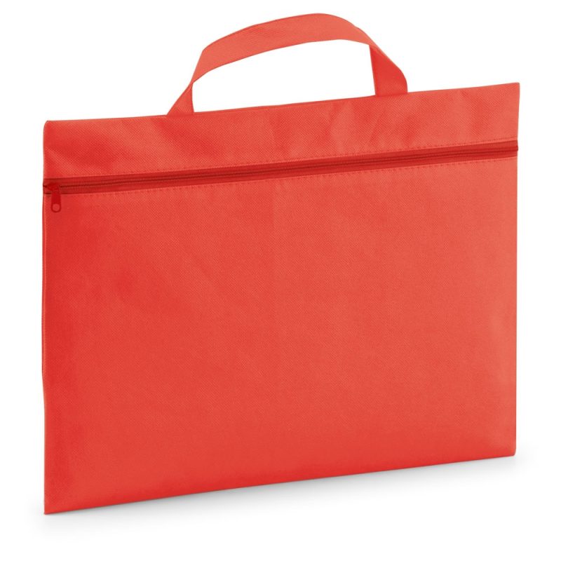 Red document bag with handle and zip closure.