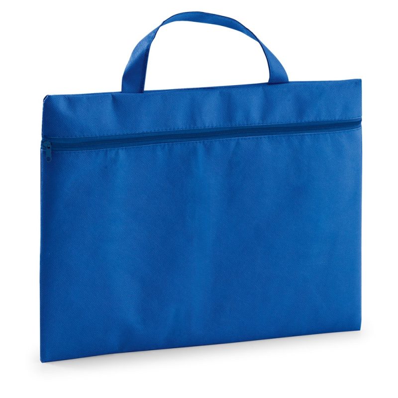 Blue fabric document bag with handle and zipper